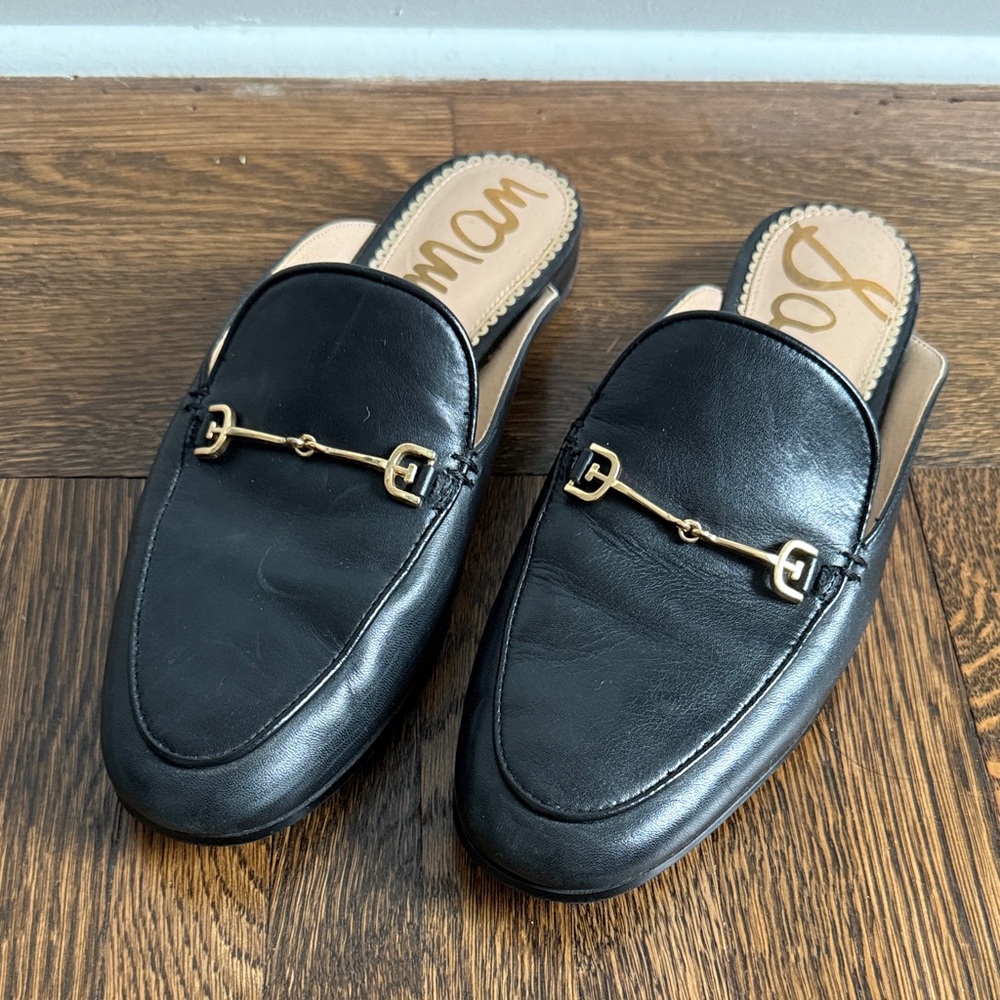 Sam Edelman Black Leather Horsebit Loafer Mules with Gold Hardware